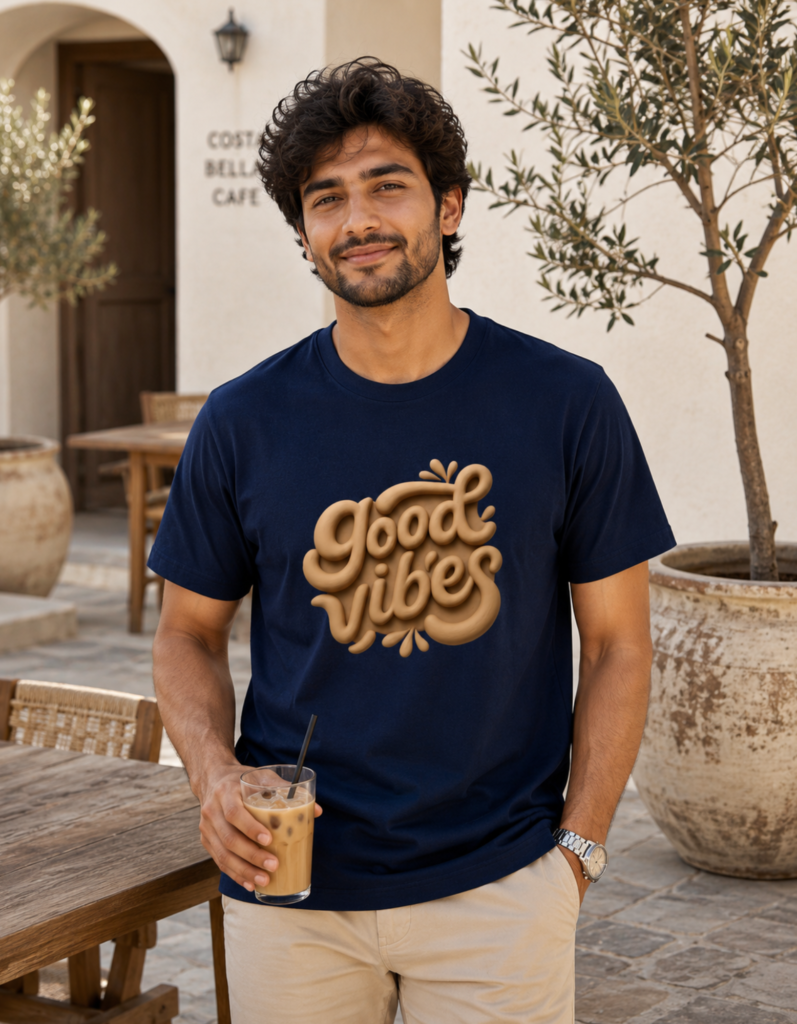 Good Vibes Clay Art Typography T Shirt for Men - Premium 100% Cotton 180 GSM