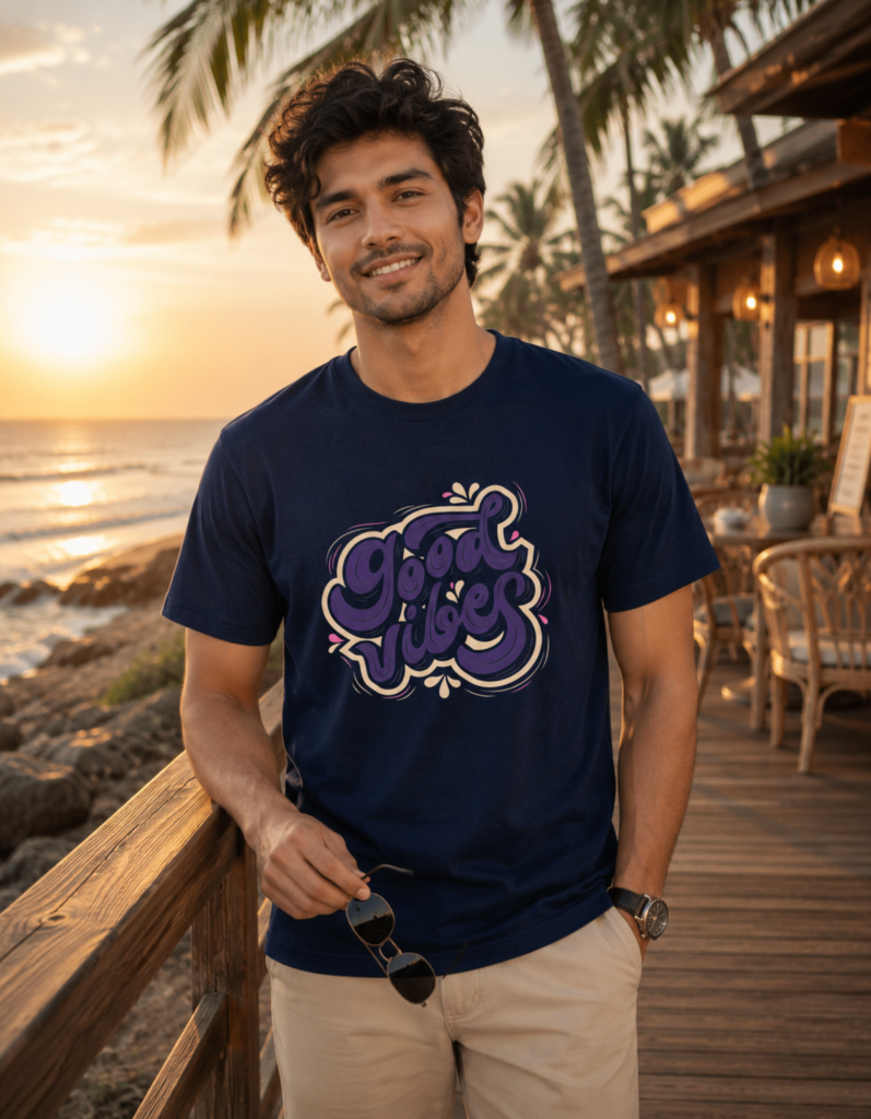 Good Vibes Sticker Style Typography T Shirt for Men - Premium 100% Cotton 180 GSM