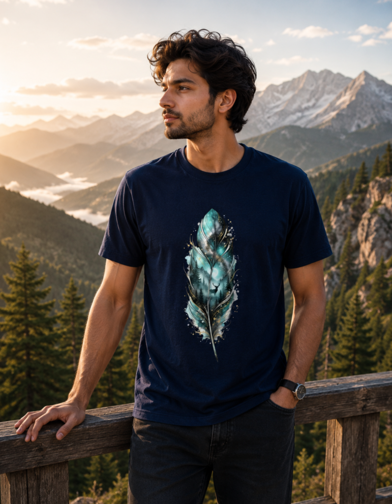 Nature Feather Deer Jungle Graphic T Shirt for Men - Premium 100% Cotton 180 GSM
