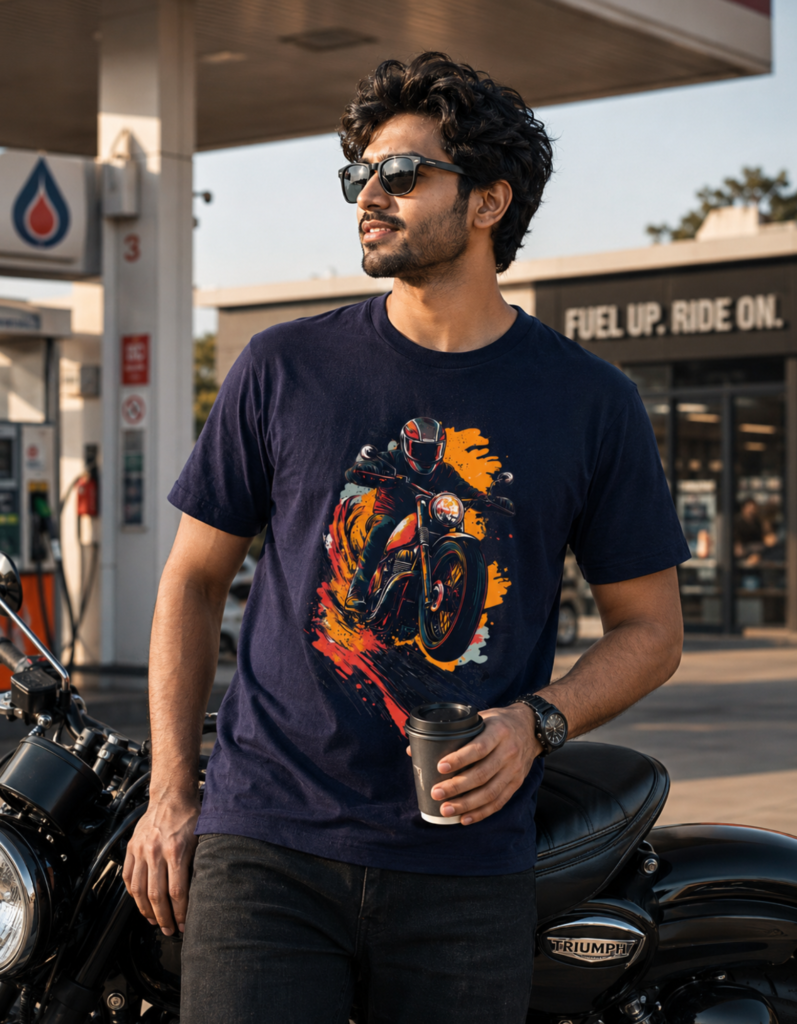 Full Speed Biker Racing Motion Graphic T Shirt for Men - Premium 100% Cotton 180 GSM