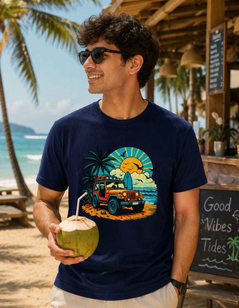 Coastal Sunset Jeep Scenic Graphic T Shirt for Men - Premium 100% Cotton 180 GSM