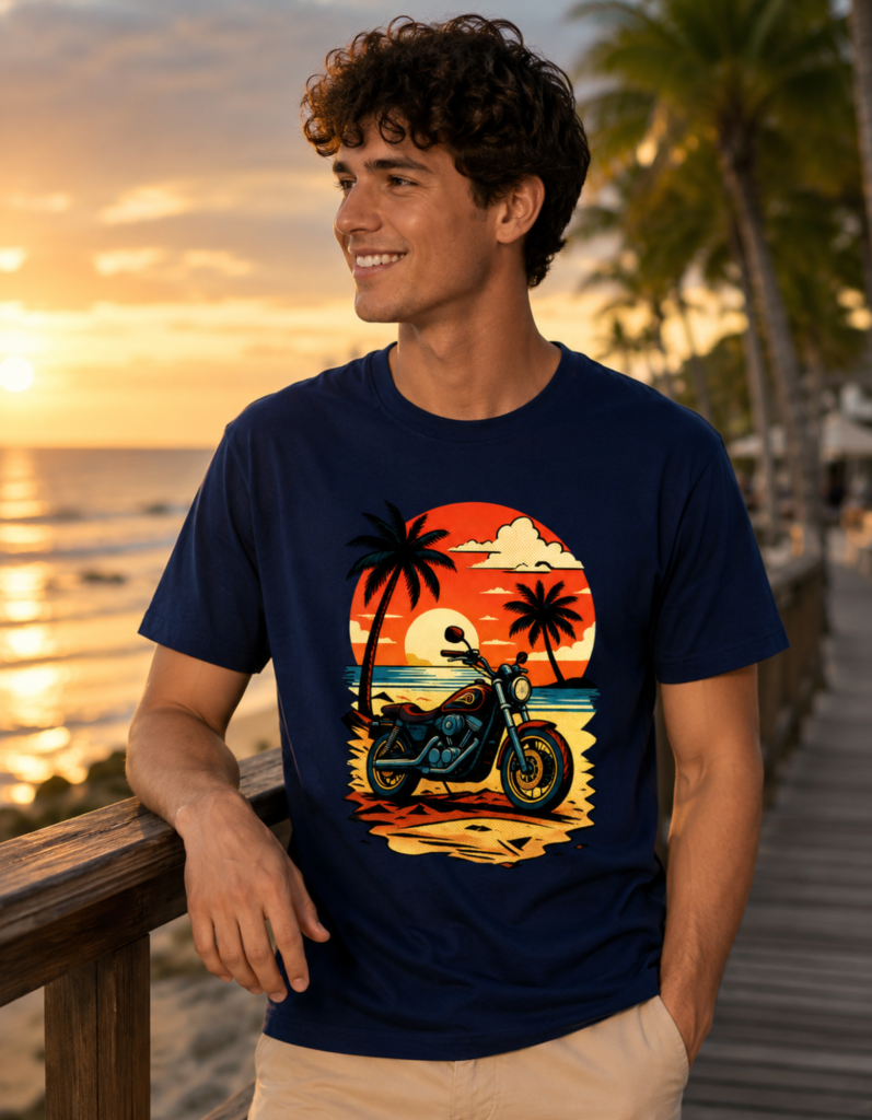 Sunset Beach Bike Coastal Scenic Graphic T Shirt for Men - Premium 100% Cotton 180 GSM