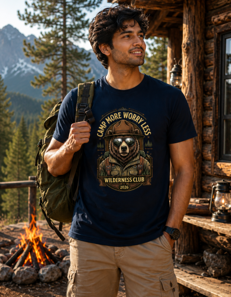 Camp More Worry Less Typography T Shirt for Men - 100% Cotton 180 GSM
