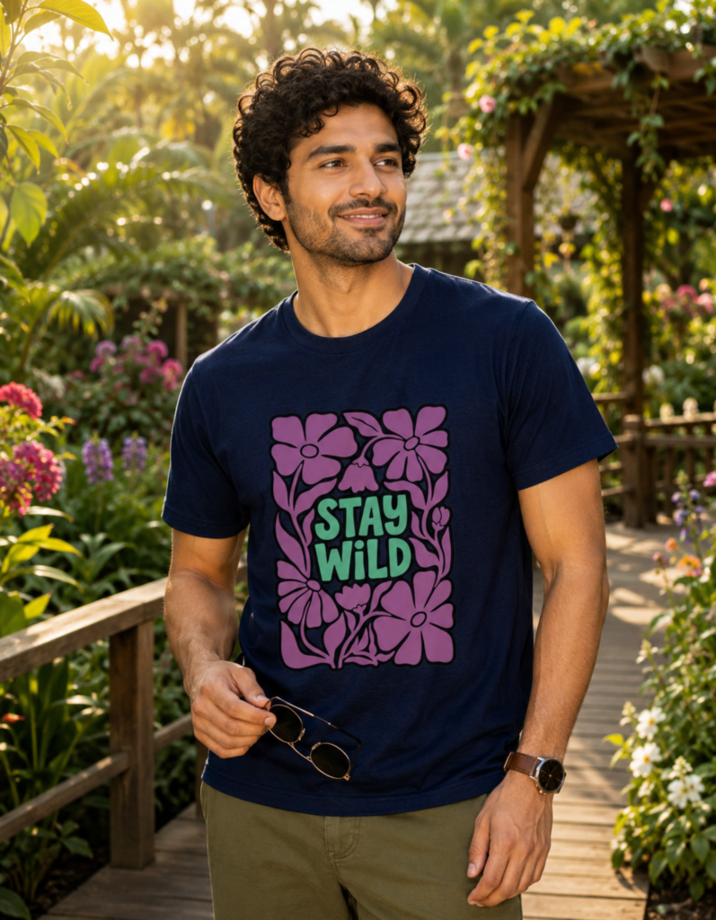 Stay Wild Floral Graphic T Shirt for Men - Premium 100% Cotton 180 GSM